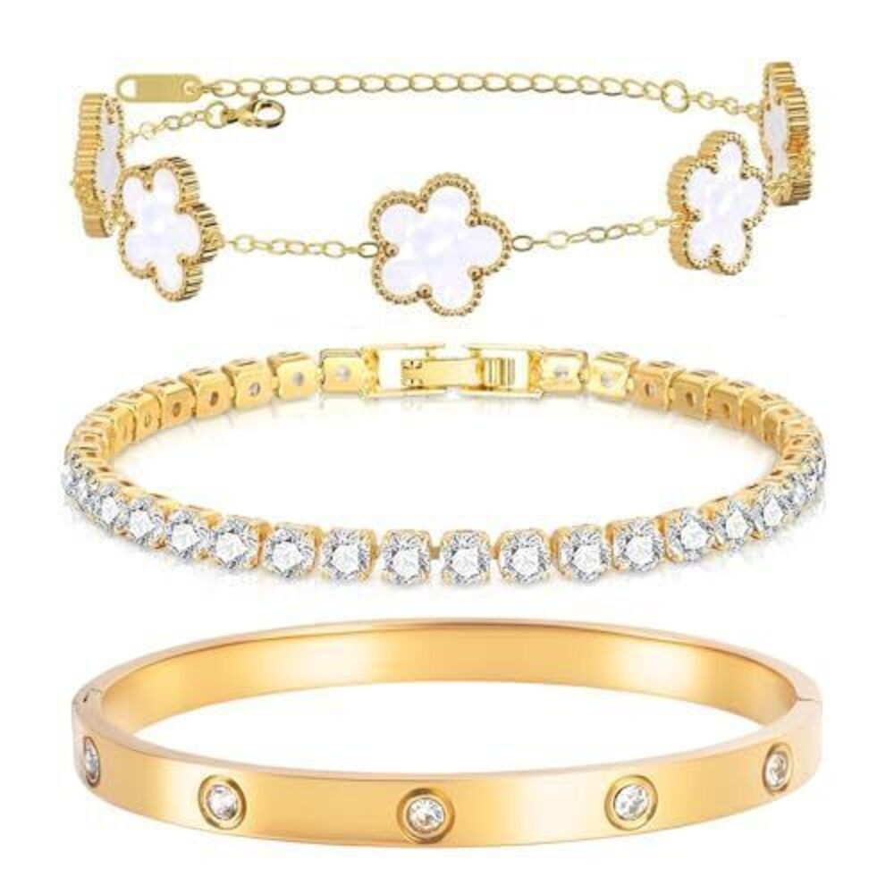 8505 Gold Bracelets -3Pcs,18K Gold Plated Bangle Tennis Bracelets Stack Set